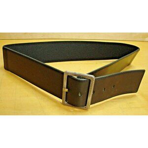 Womens L/XL Stretch Black Dress Belt Silver Ornate Buckle Poly Faux Leather Rbr